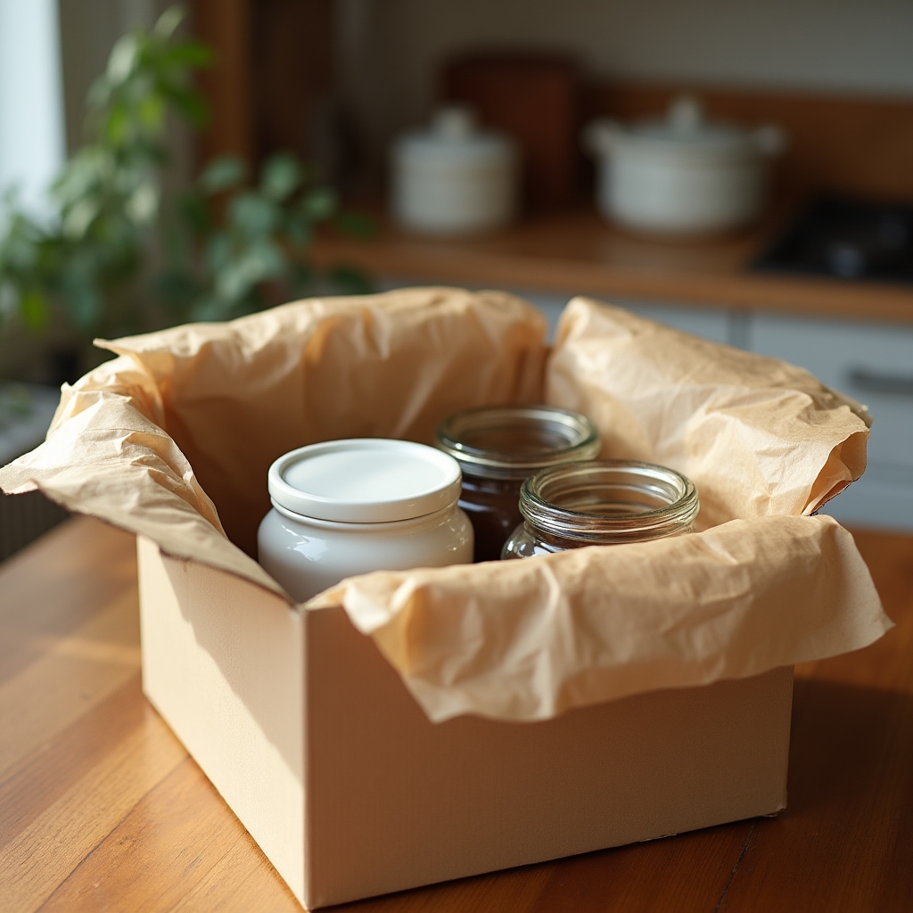 Ausgepacktes Set aus Glas- und Keramikbehältern mit Verpackungsmaterial aus Papier