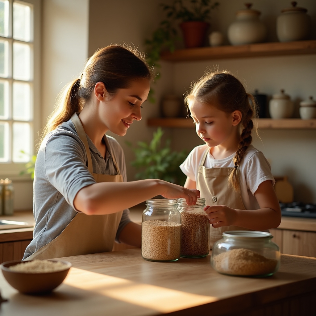 Familienküche mit sortierten Glasbehältern und Kind beim Einräumen