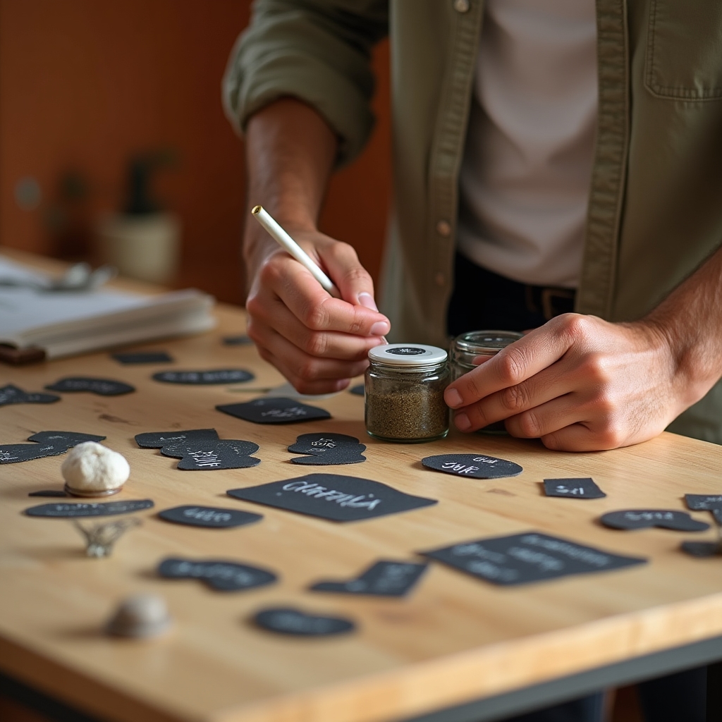 Arbeitsplatz mit beschrifteten Gläsern in einer kleinen Manufaktur